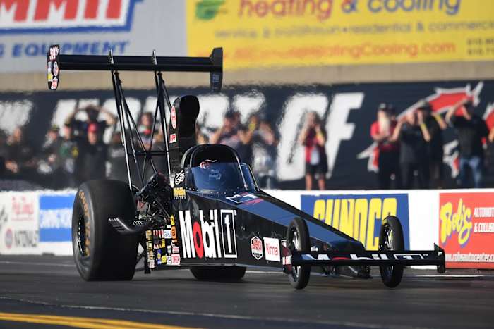 Tony Stewart wheels his Top Alcohol Dragster with aplomb en route to his second win of the season, which also moves him into the No. 1 spot in the TA/D standings. Photo courtesy NHRA.